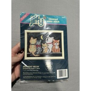 Sunset Jiffy Counted Cross Stitch Kit 16571 "Midnight Meow"‎ Cat Kitten NIP Vtg